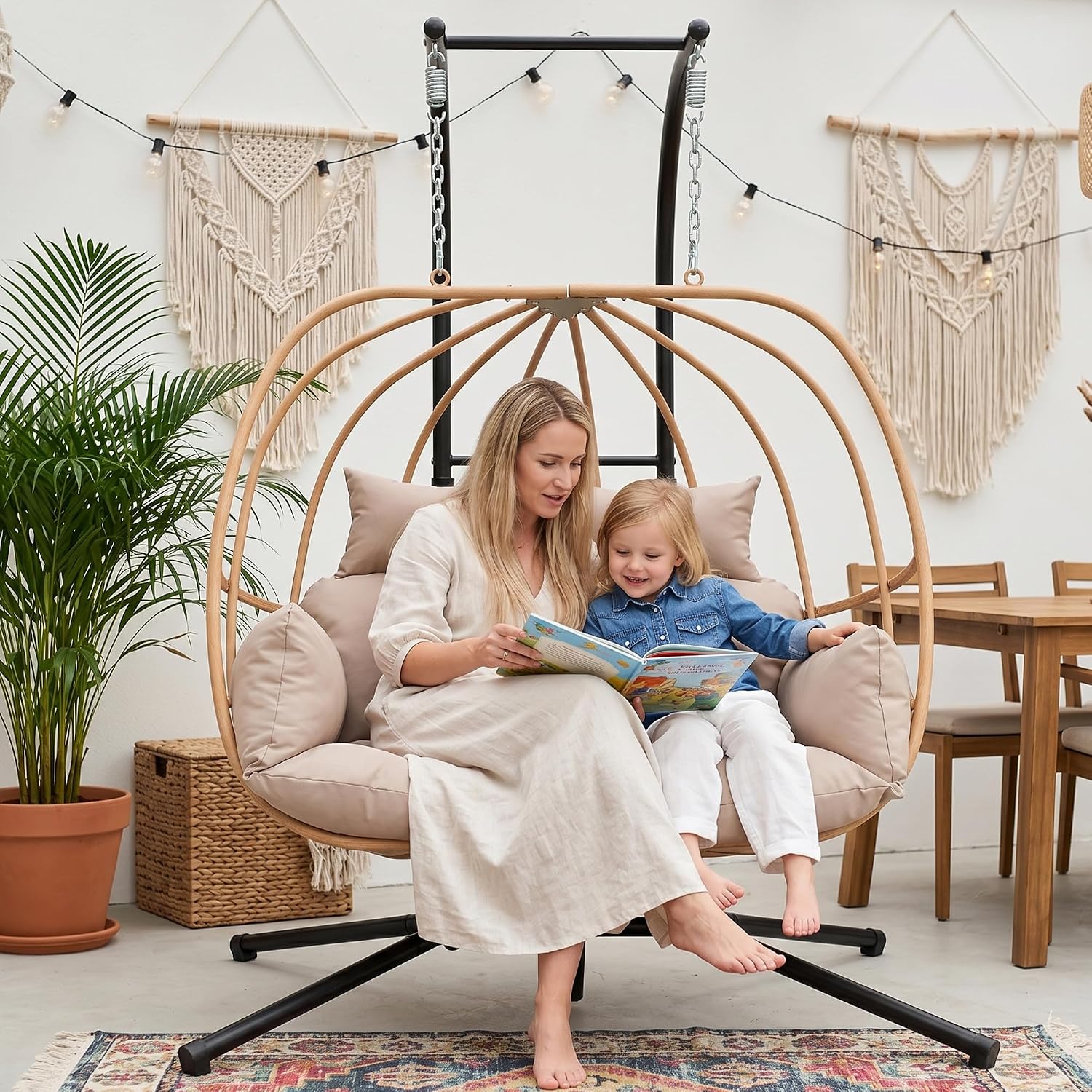 Double Egg Chair Outdoor, Egg Swing Chair with Stand, Hanging Swing Chair Outdoor with Cushions/Headrest, 80' H Hanging Chairs with Stand Indoor, Metal Basket Swing Egg Chairs for Deck, Brown