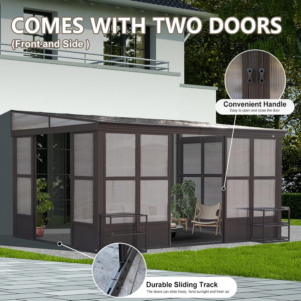 Domi Lean-to Sunroom 10x12FT, Wall Mounted Solarium with Sloping Polycarbonate Roof, Detachable Polycarbonate Screens, 2 Lockable Sliding Doors, Aluminum Gazebo Against Wall Sun Room for Patio Deck