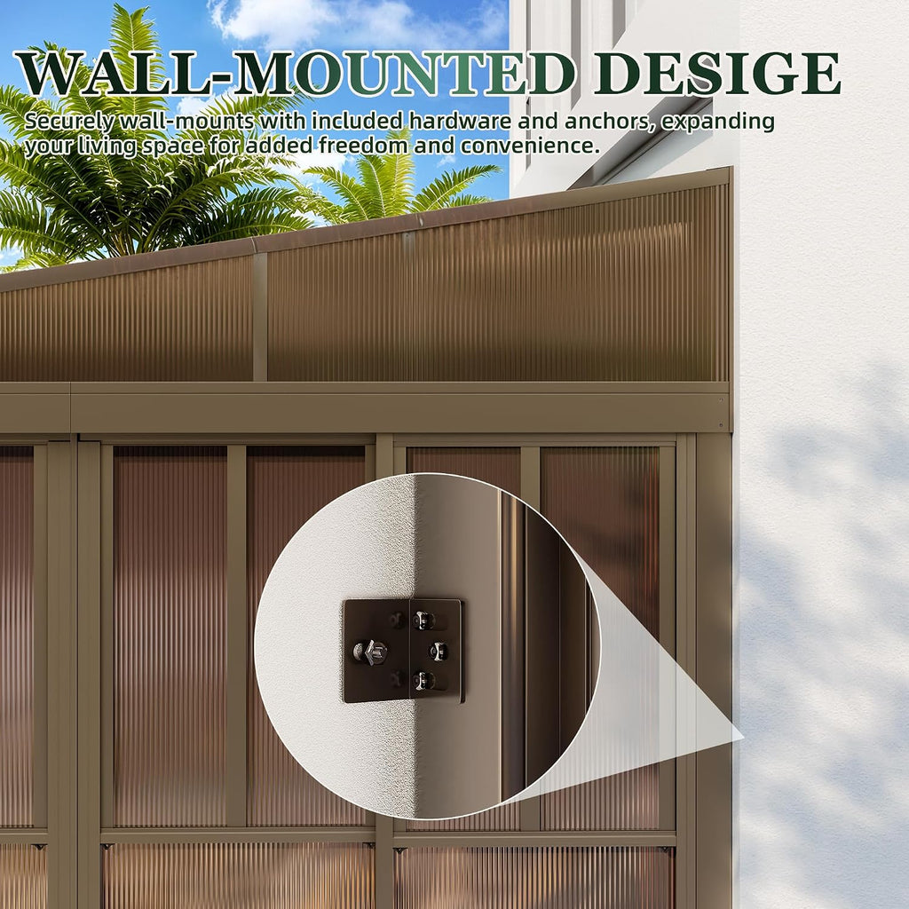 YOLENY 10x14FT Wall Mounted Sunroom, Gazebo Solarium with Front Door, Both Side Entrance, Galvanized Steel Sloping Roof, Removable PC Screen, Outdoor Permanent Sun Room Lean to Gazebo for Deck Patio