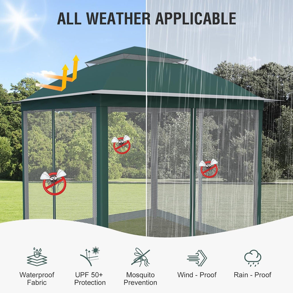 Pop Up Gazebo 11x11, Outdoor Instant Canopy Shelter Tent with Mosquito Netting Metal Frame Storage Bag for Patio Garden Backyard.(Green)