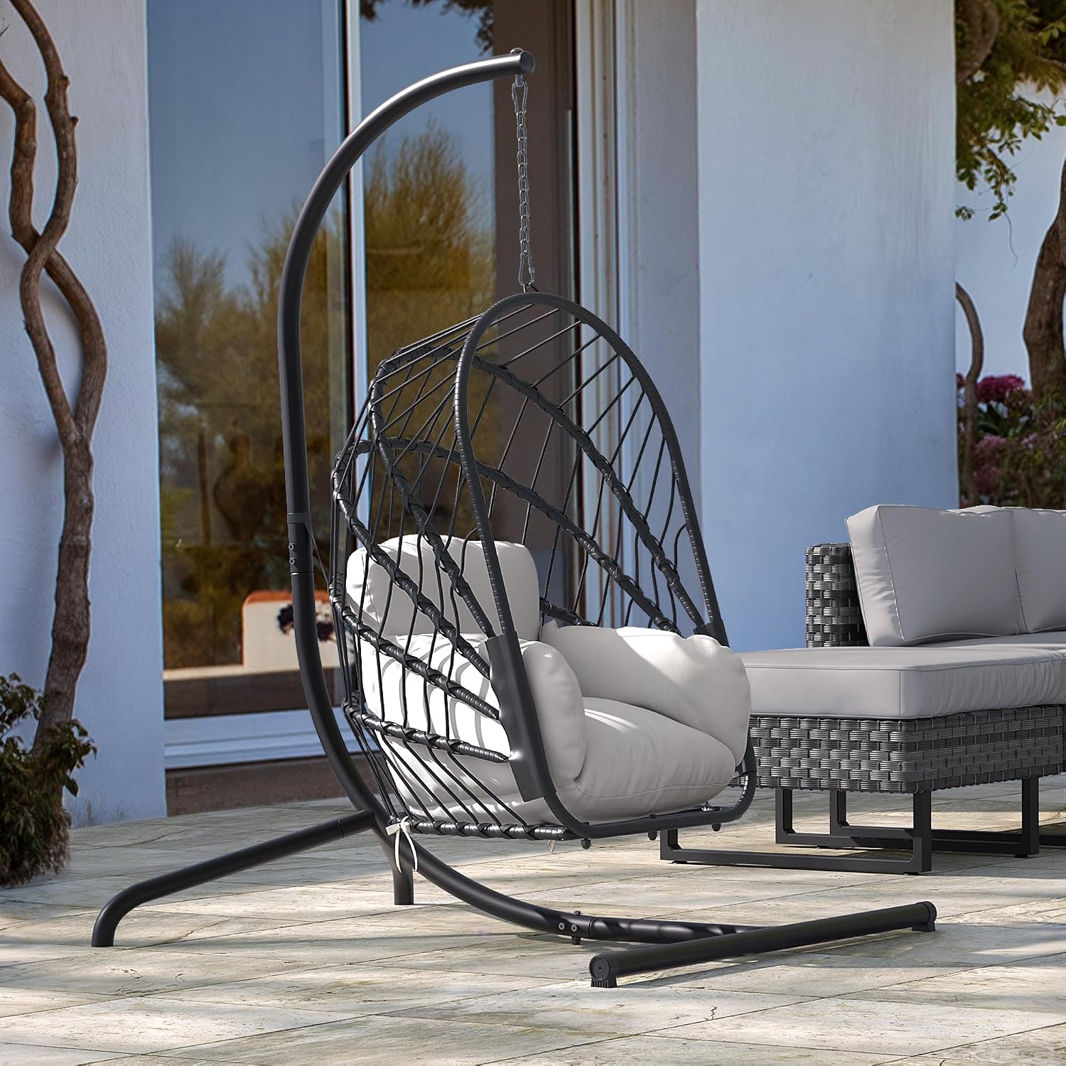 YITAHOME Hanging Egg Chair with Stand, Rattan Wicker Swing Egg Chair with Cushion, 350lbs Capacity, Foldable Hanging Rattan Basket Chair for Porch, Garden, Bedroom, Balcony, Grey