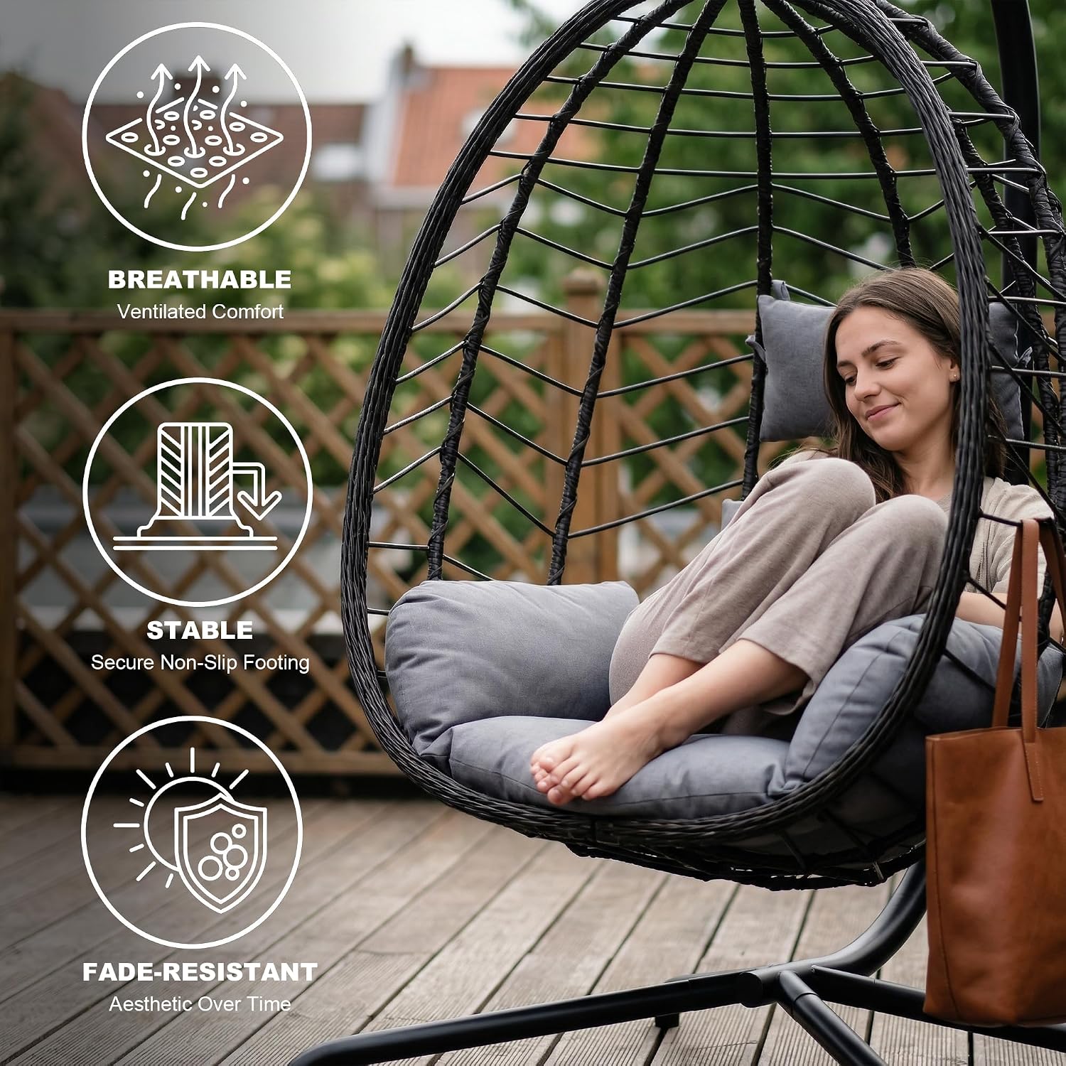 LEX CRAFT Hanging Egg Chair with Stand, Swinging Egg Chair Outdoor Indoor, Hanging Basket Chair with Cushion, Patio Wicker Hammock Chair 350lbs Capacity for Porch, Balcony, Backyard, Garden (Grey1)