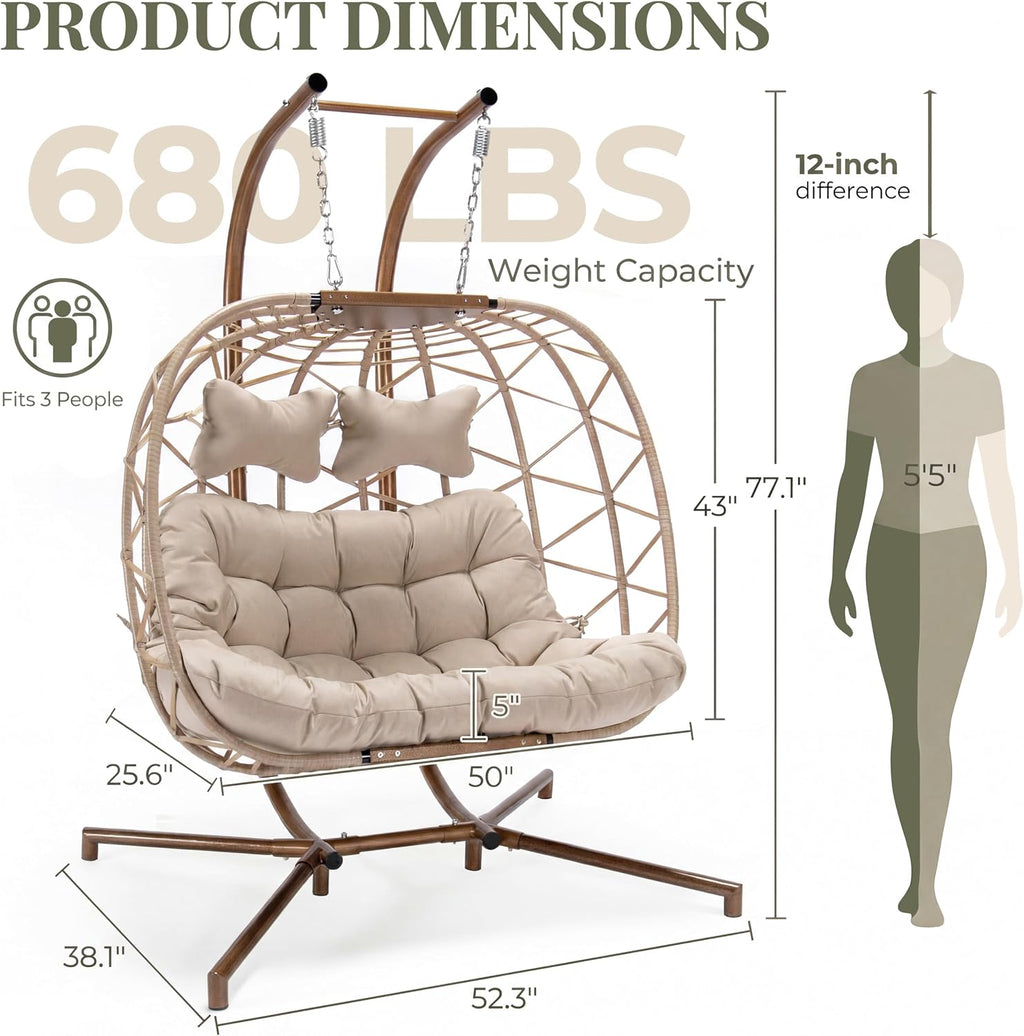 RADIATA Double Hanging Egg Chair with Stand, Oversized 2 Person Swing Egg Chairs Outdoor Indoor, All-Weather Wicker Egg Swing Chair Loveseat with Comfy Thick Cushion for Patio Balcony Porch, Beige