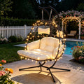 Double Outdoor Egg Chair with Stand, 2 Person Hanging Egg Chair with Adjustable Footrest Outdoor Indoor, Oversized Wicker Egg Swing Chair with Thickened Cushions (Black-White with Light)