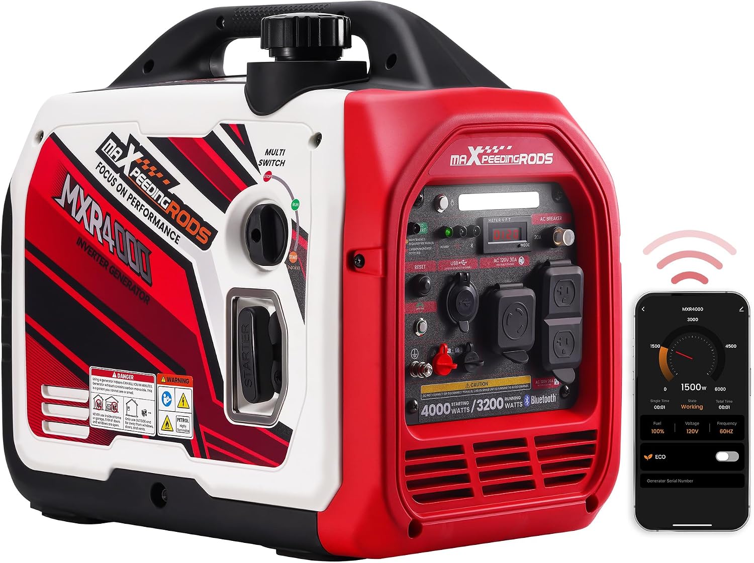 maXpeedingrods 4000 Watt Portable Inverter Generator Gas Powered, with CARB Compliant, App Remote Data Monitor, Compact and Lightweight for Outdoor Camping, Family Power Failure in Extreme Weather