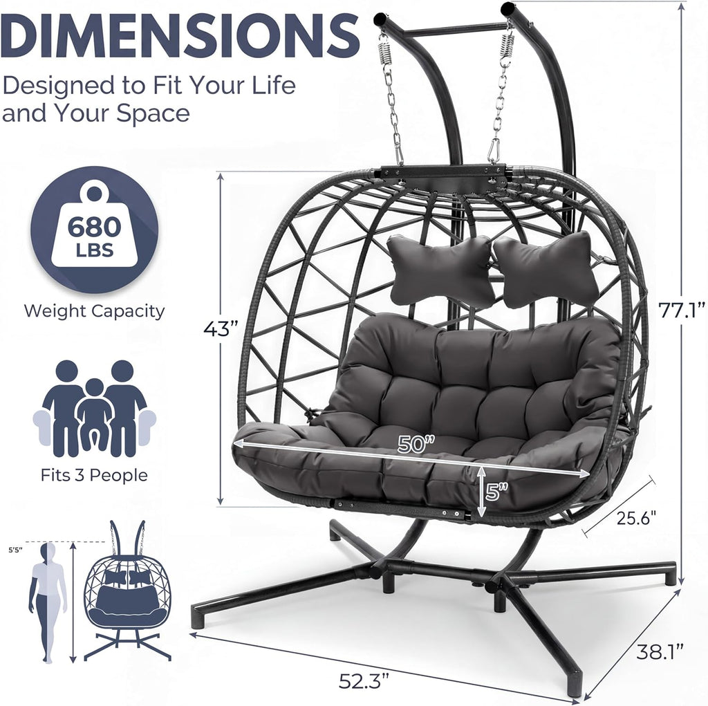 BULEXYARD Double Hanging Egg Swing Chair with Removable Cover, Extra Large 2 Person Patio Chair with Stand, Comfy Wicker Loveseat with Cushion for Indoor Outdoor Balcony Backyard, Dark Gray
