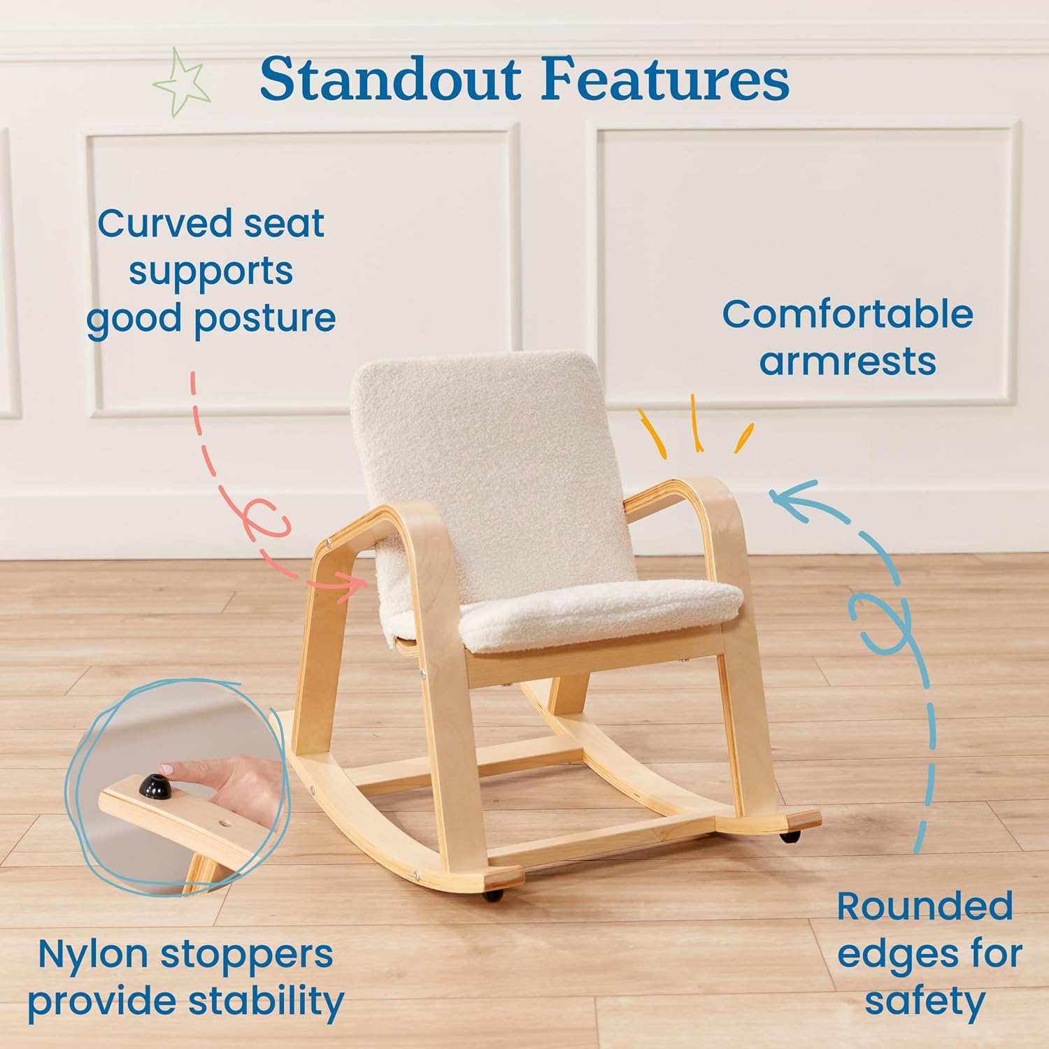 ECR4Kids Bentwood Reading Rocking Chair with Armrests and Cushion, Montessori Furniture, Natural