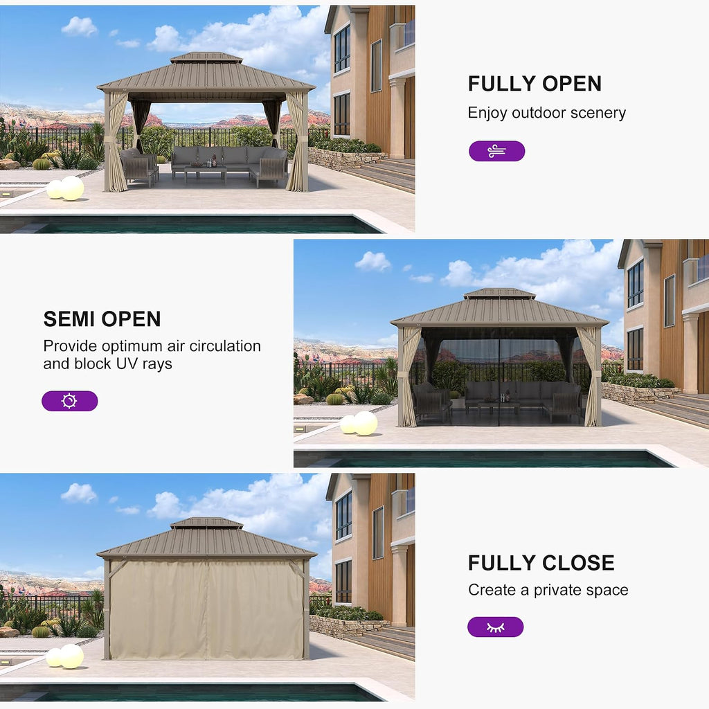 PURPLE LEAF 12' x 14' Outdoor Hardtop Gazebo with 9 Pieces Outdoor Dining Set, Champagne Aluminum Gazebo with Galvanized Steel Double Roof, Curtains and Netting for Patio Lawn and Garden