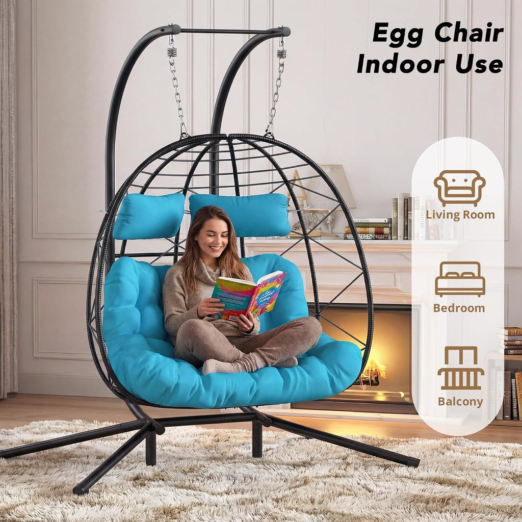 Easyego Set of 2 Wicker Hanging Egg Chairs with Stand, 700 lb Capacity, Indoor/Outdoor Double Egg Swing Hammock Chairs for Patio, Garden, Porch, Living Room, Bedroom, Blue