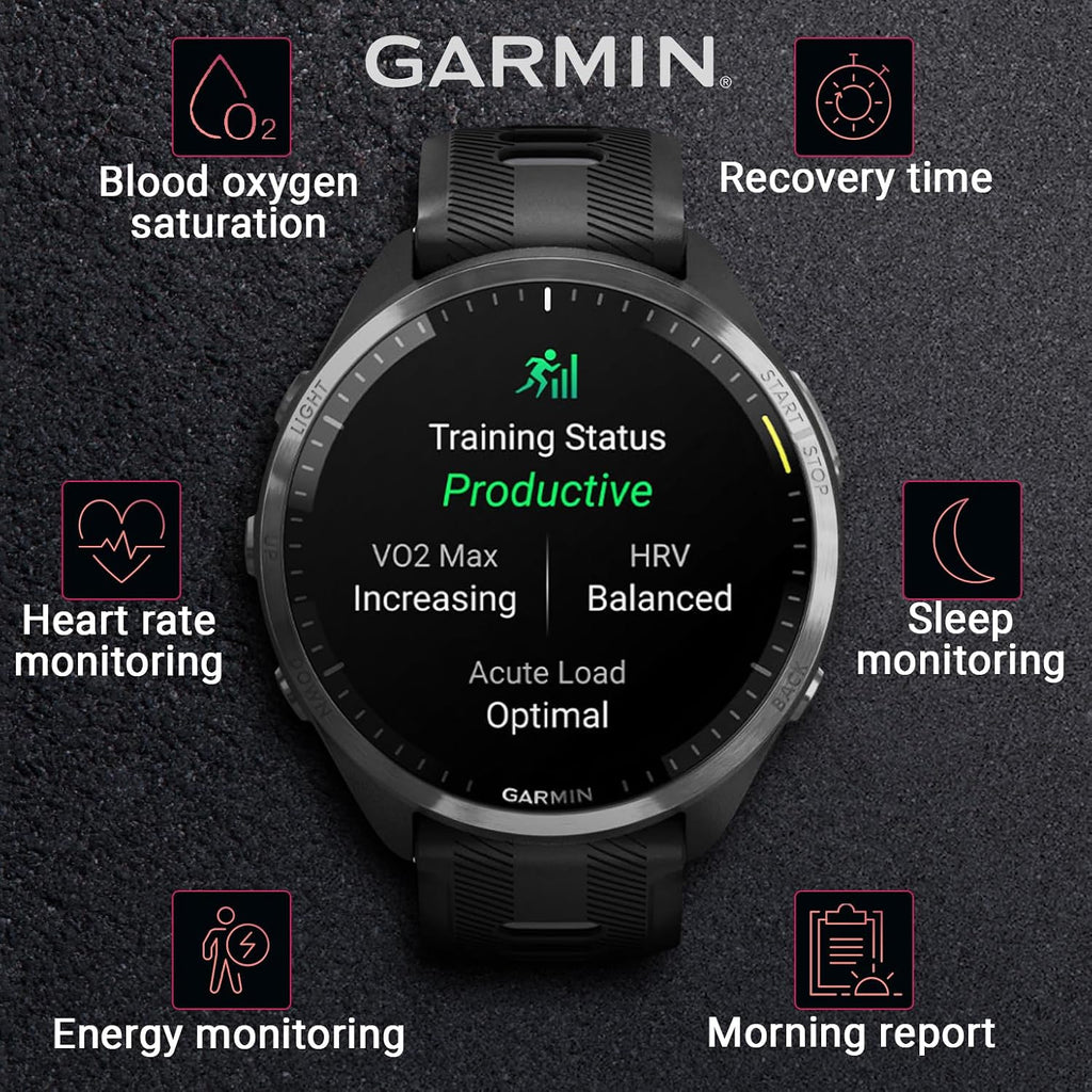 Garmin Forerunner 965 Premium GPS Running and Triathlon 47mm Smartwatch with AMOLED Touchscreen Display, Carbon Gray DLC Titanium Bezel with Black Silicone Band with Black Earbuds.