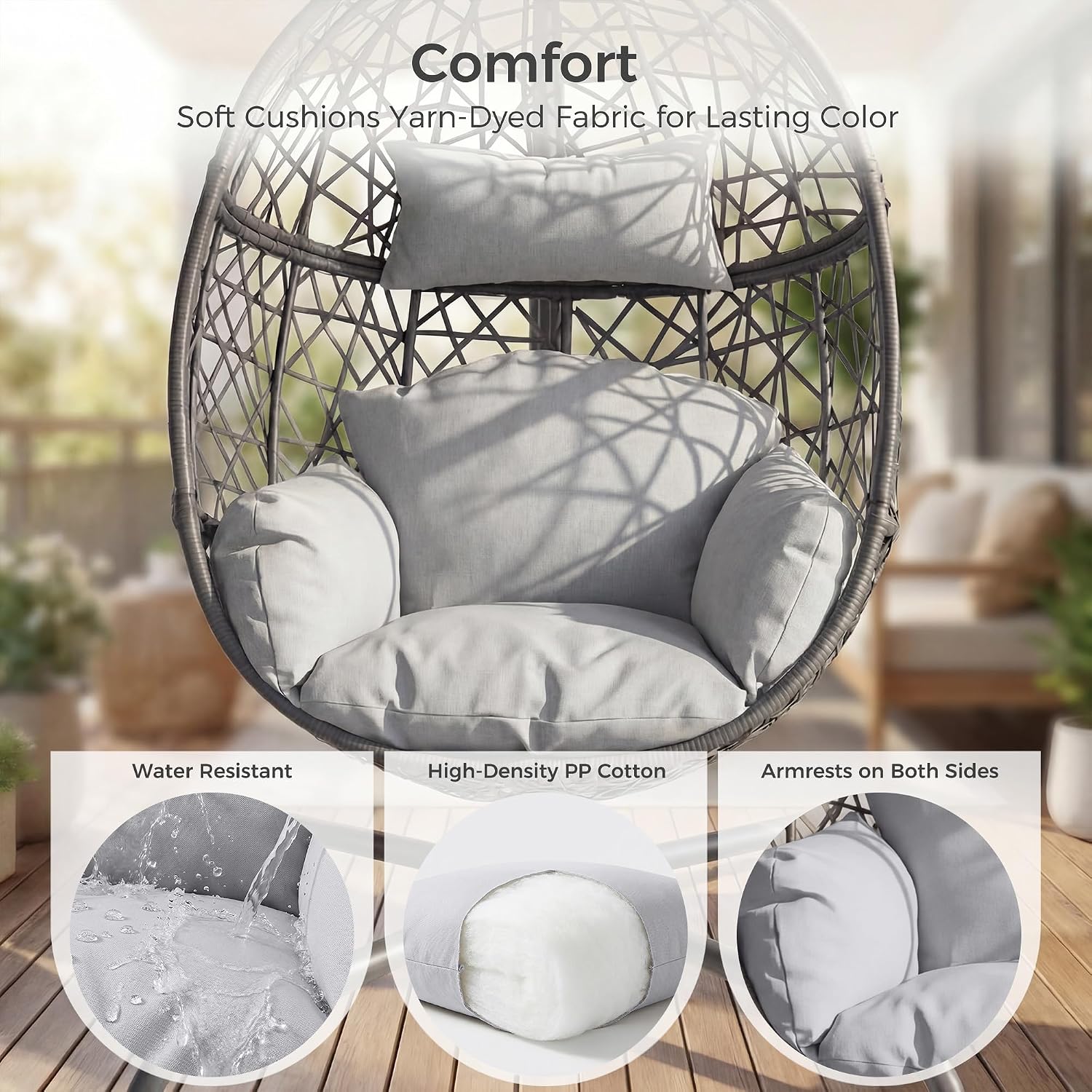 RADIATA Hanging Egg Chair with Stand, Outdoor Egg Swing Chair with Cozy Cushion, 350lbs Rattan Bird Nest Eggshell Basket Seat, Patio Swinging Chair for Indoor Balcony Porch, Grey