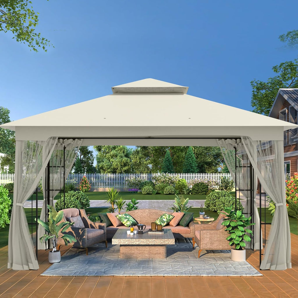 10x12 Outdoor Gazebo Tent with Netting, Double Roof Patio Gazebo with Soft Fabric Top, Outdoor Pavilion for Backyard Patio Garden Lawn, Beige