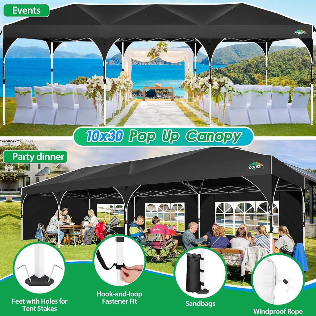 COBIZI 10x30 Pop Up Canopy Tent for Parties with 5 Sidewalls| Push Center Lock & Air Vent| Waterproof & UPF50+ |Gazebo Outdoor Tent for Party,Wedding,BBQ with 4 Sandbags, 8 Stakes & 16 Ropes,Black