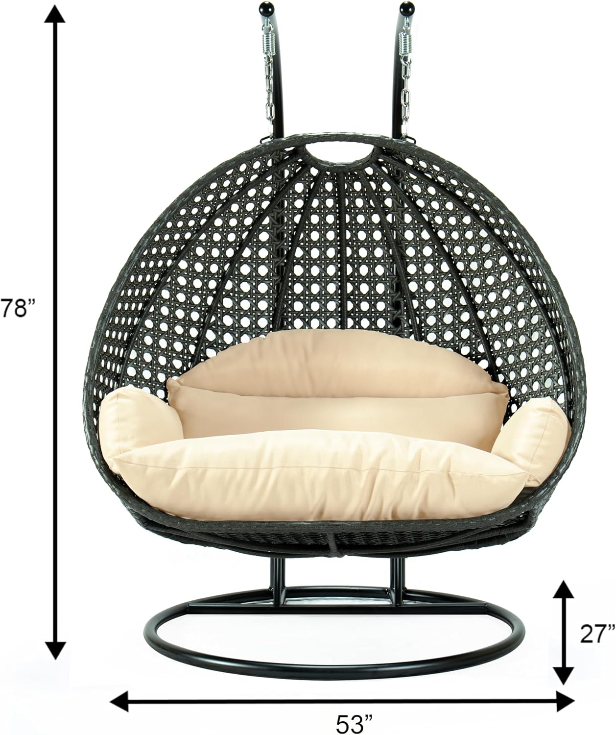 LeisureMod 2-Person Hanging Egg Chair with Stand, Dark Grey Cushions, Indoor Outdoor Wicker Patio Swing, Lounge Hammock Seat for Bedroom, Garden, Porch, Heavy-Duty Steel Frame (Cream)