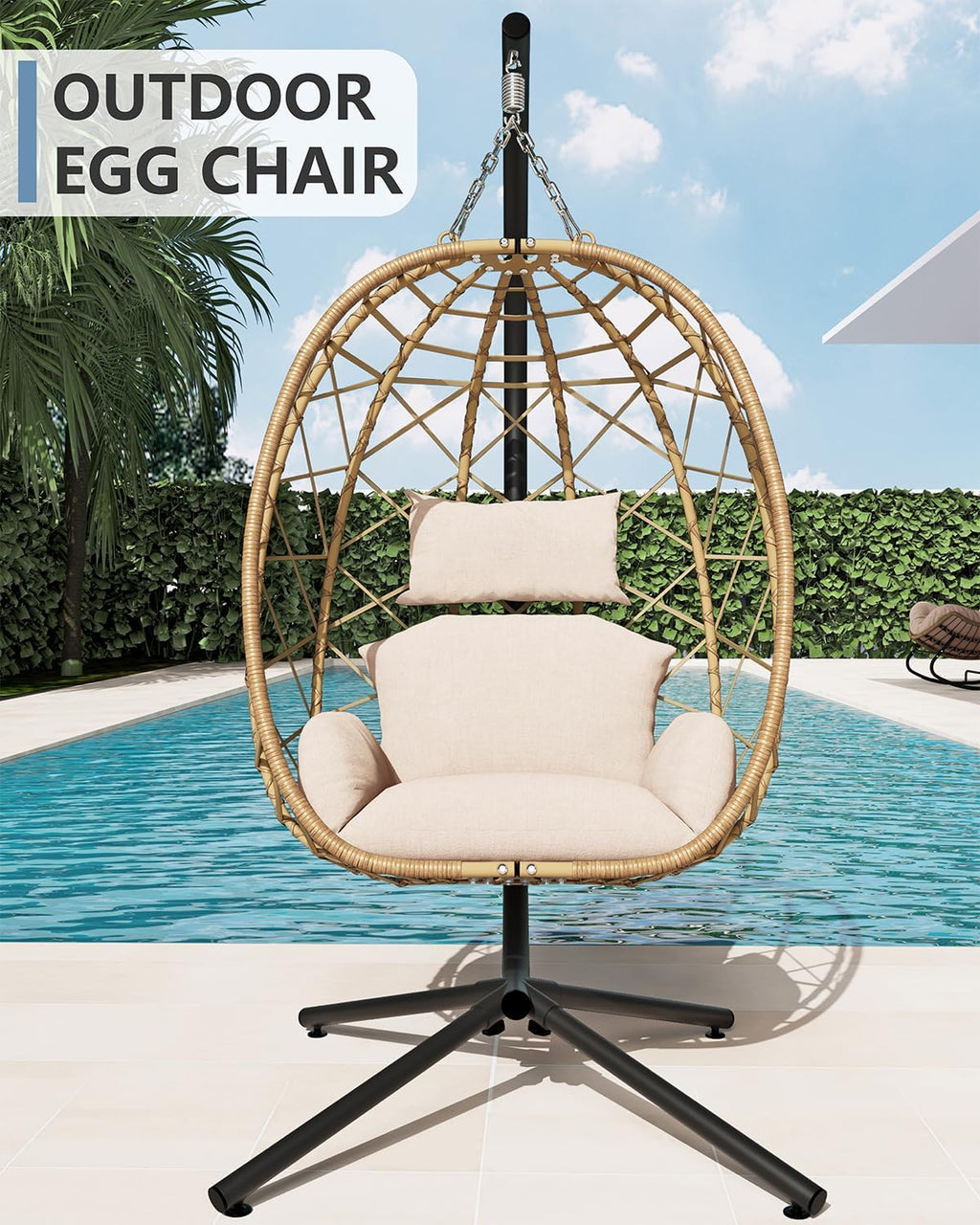 SWITTE Hanging Egg Chair with Stand, Outdoor Indoor Rattan Wicker Egg Swing Chair with Cushion, Heavy Duty Patio Hammock Chairs for Garden Backyard Balcony Bedroom, 400LBS Capacity, Cream