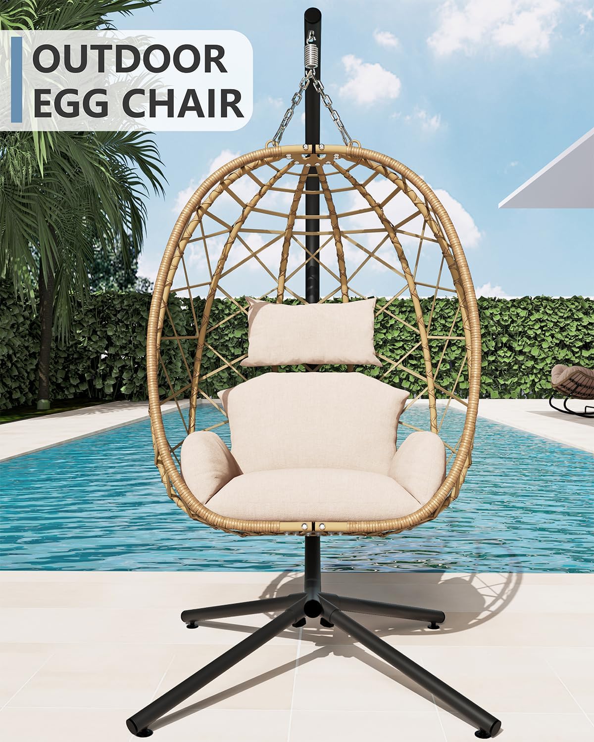 SWITTE Hanging Egg Chair with Stand, Outdoor Indoor Rattan Wicker Egg Swing Chair with Cushion, Heavy Duty Patio Hammock Chairs for Garden Backyard Balcony Bedroom, 400LBS Capacity, Cream