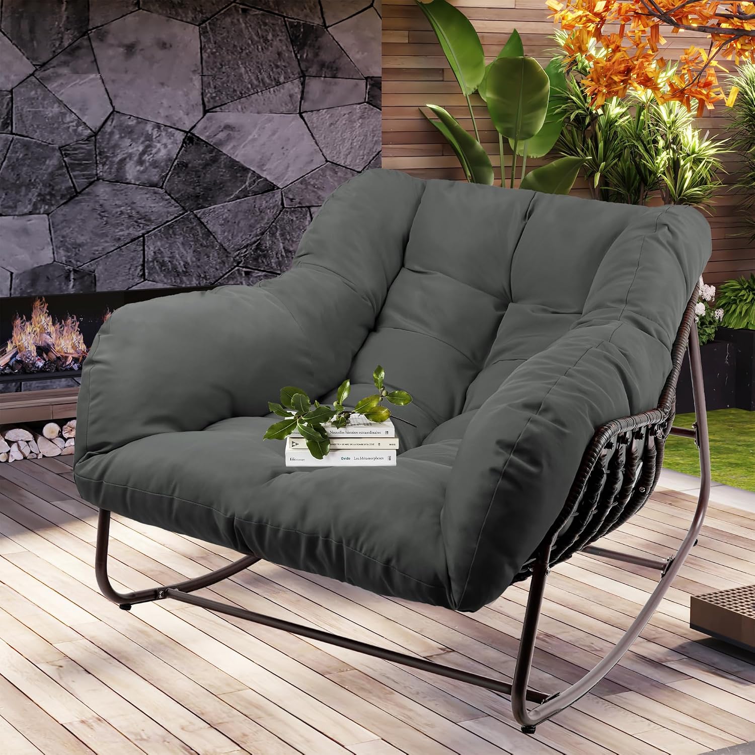 Outdoor Papasan Rocking Chair, Oversized Patio Rocking Chairs with Padded Cushion& Pillow-Comfortable Rocker Egg Chair for Front Porch, Garden, Patio, Backyard,1PC,Grey