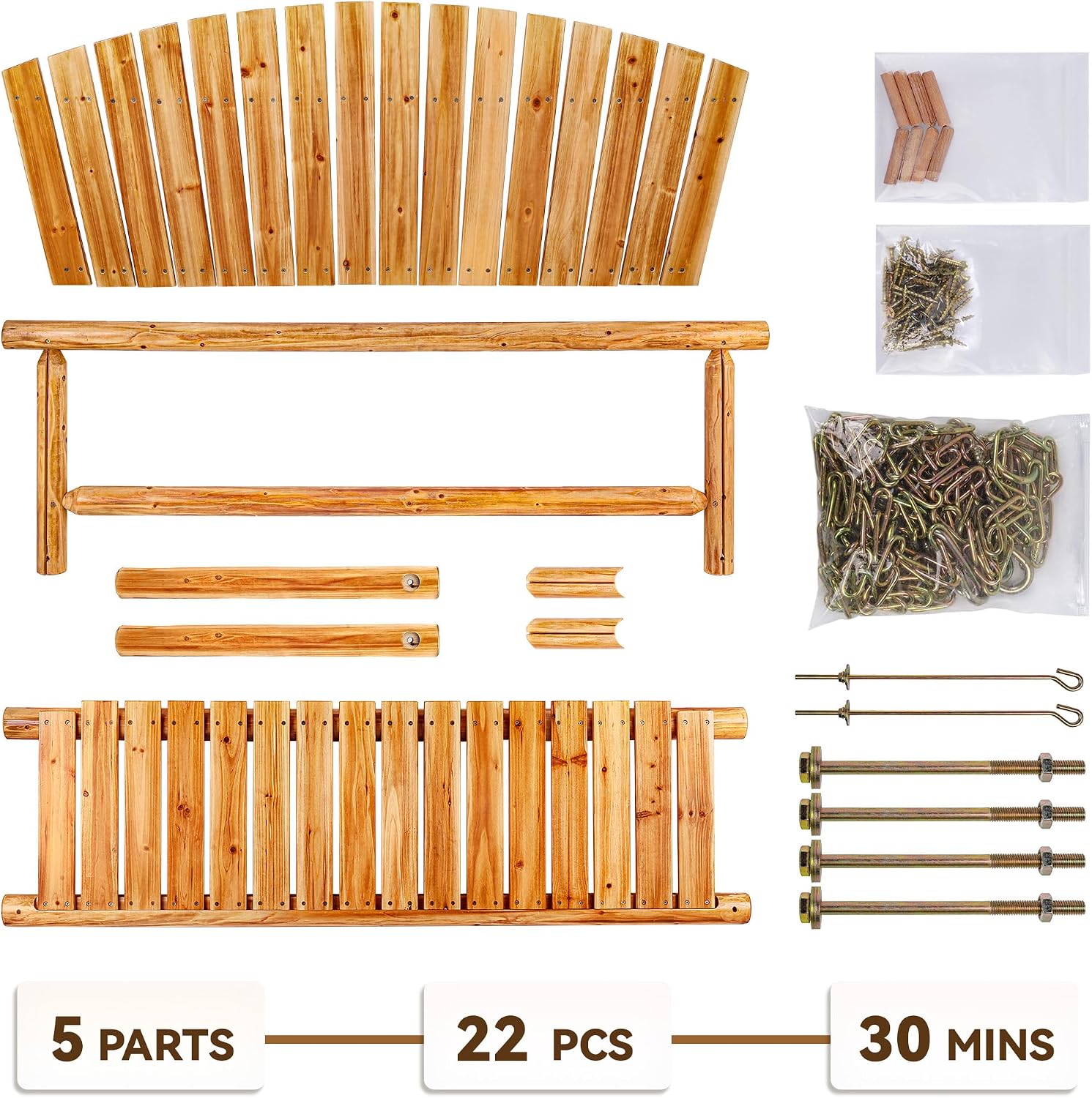Outdoor Porch Swing Front Porch Hanging Wooden Bench Swing 3 Seat Chair for Garden, Patio, Backyard, Playground, Log Wood 800Lbs, 5 Ft, Lightly Toasted