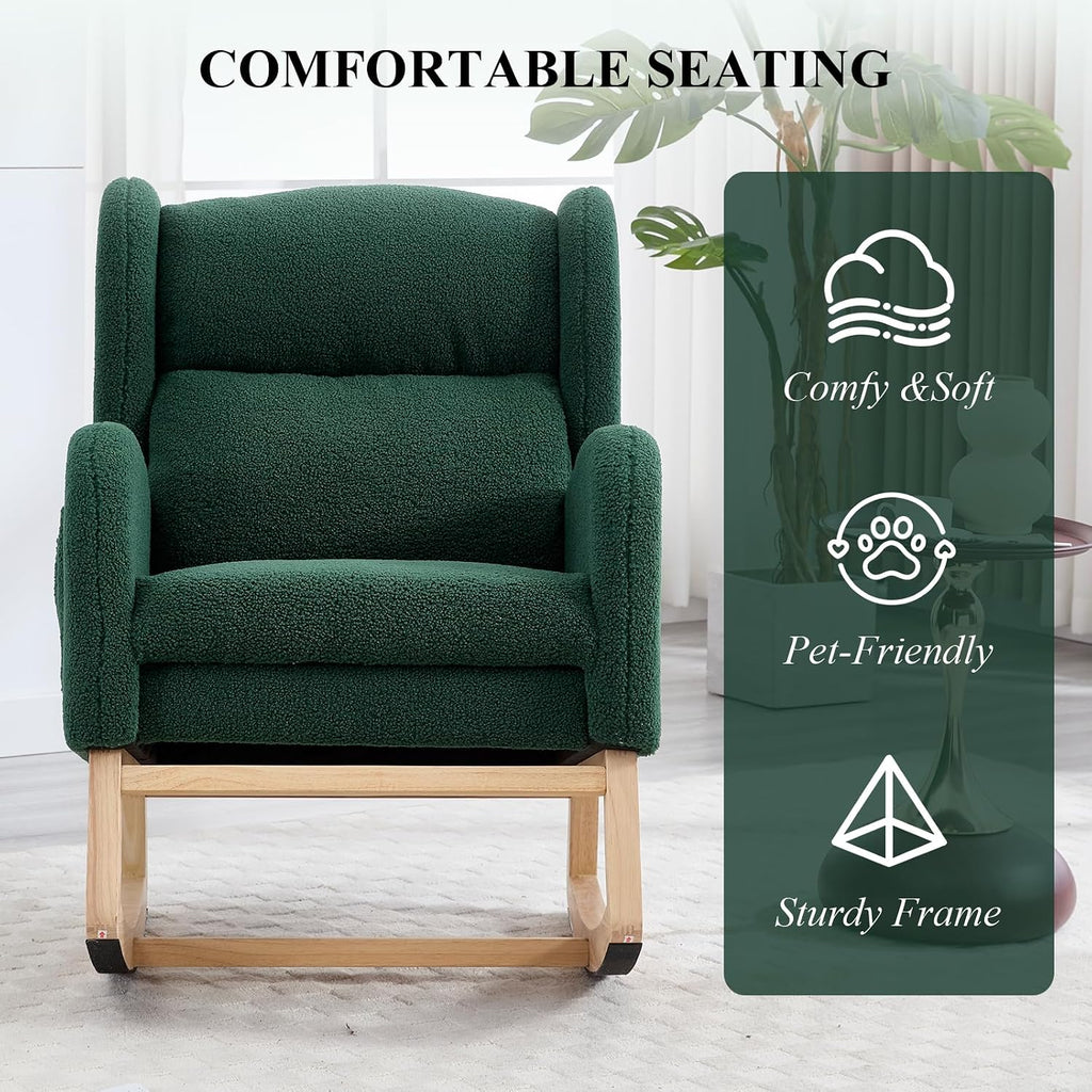 NIOIIKIT Nursery Rocking Chair with Footrest, Teddy Upholstered Glider Chair, Nursery Gliding Recliner with Side Pocket, Glider Rocker for Living Room (Green Teddy)