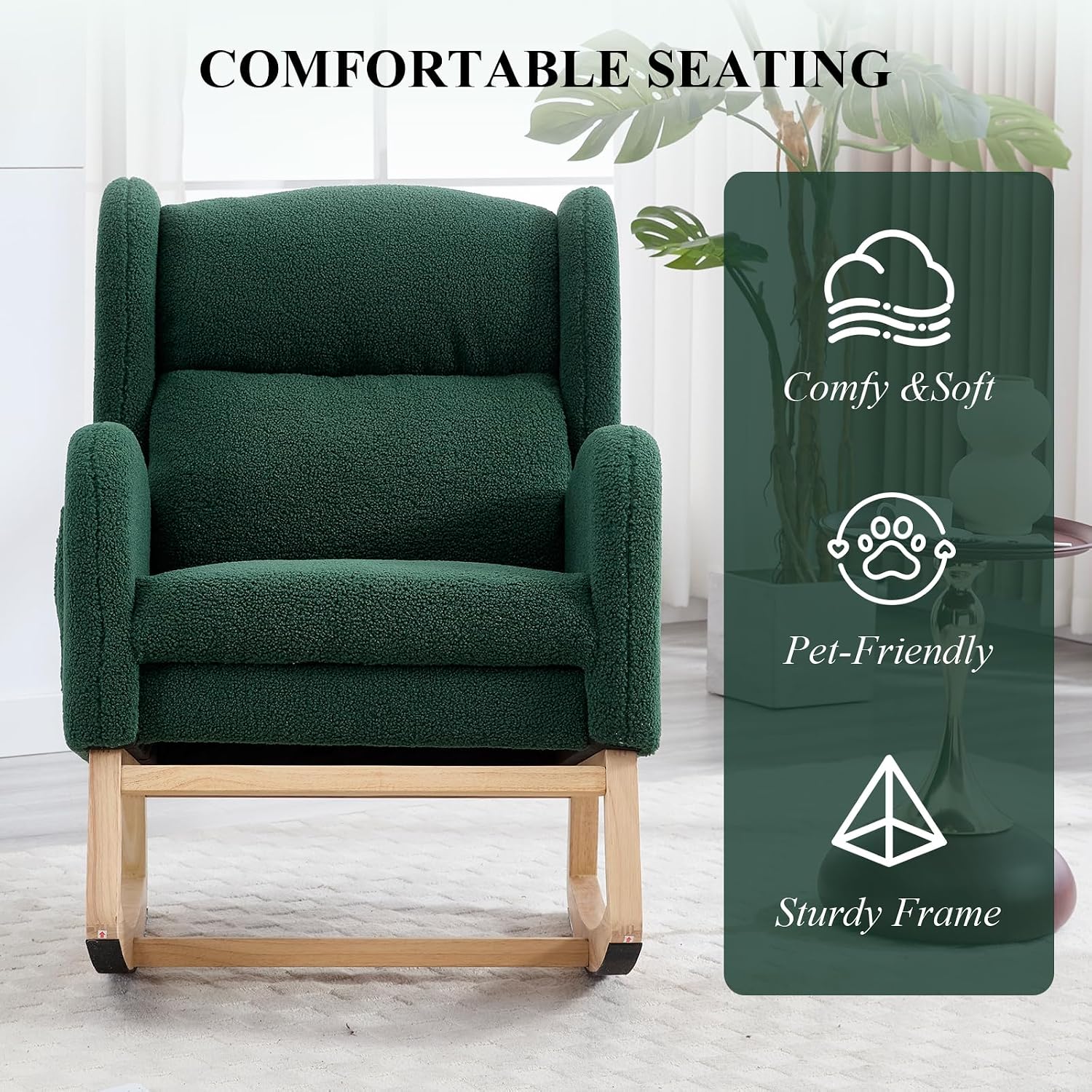 NIOIIKIT Nursery Rocking Chair with Footrest, Teddy Upholstered Glider Chair, Nursery Gliding Recliner with Side Pocket, Glider Rocker for Living Room (Green Teddy)