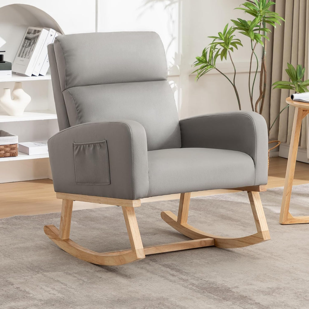 HCHAIRH Rocking Chair Nursery, Leather Nursing Rocking Chairs, Upholstered Nursery Glider Rocker for Mom Nursery Morden Accent Rocking Chair with Side Pocket for Living Room,Bedroom, PU Grey