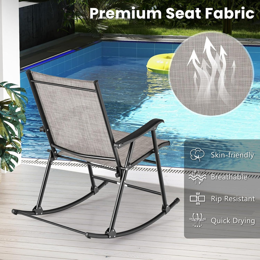 Tangkula Folding Rocking Chairs Set of 2, Patio Rockers with Breathable Seat Fabric & Sturdy Metal Frame, Smooth Rocking Motion, Heavy-Duty Outdoor Rocker for Backyard, Front Porch