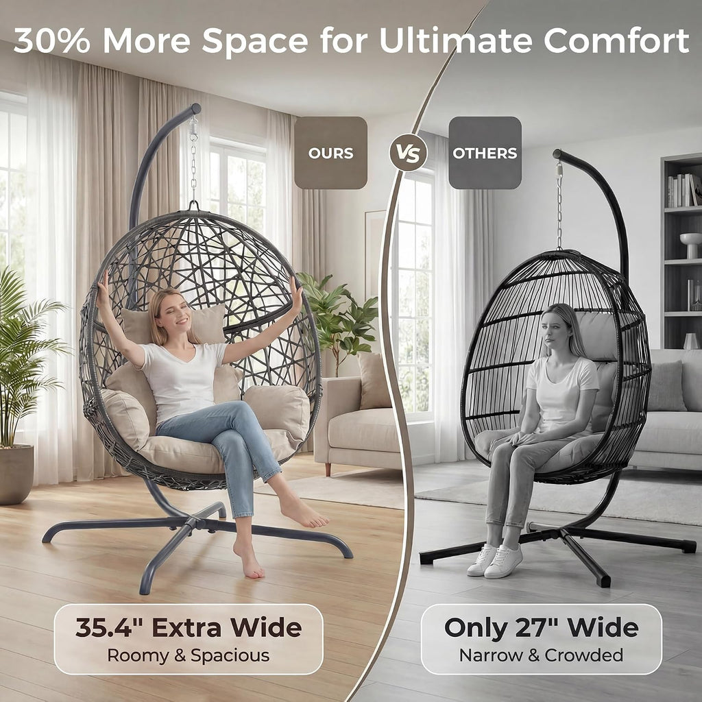 NICESOUL Oversized Patio Swing Egg Chair, Rattan Outdoor Indoor Hanging Egg Chair with Stand, Cozy Bird Cage Swinging Basket Chairs, 350 lbs Egg-Shape Padded Seat for Balcony Outside, Beige