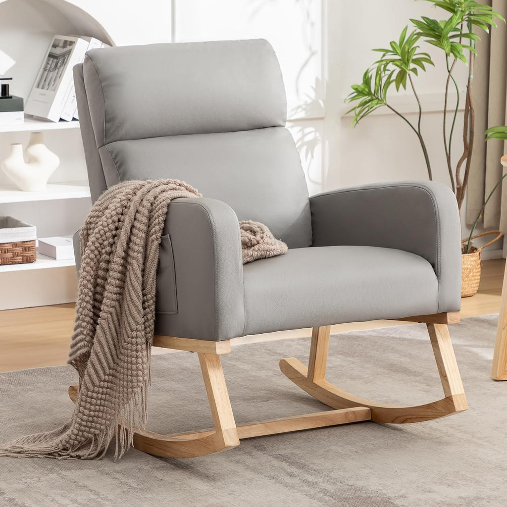 HCHAIRH Rocking Chair Nursery, Leather Nursing Rocking Chairs, Upholstered Nursery Glider Rocker for Mom Nursery Morden Accent Rocking Chair with Side Pocket for Living Room,Bedroom, PU Grey