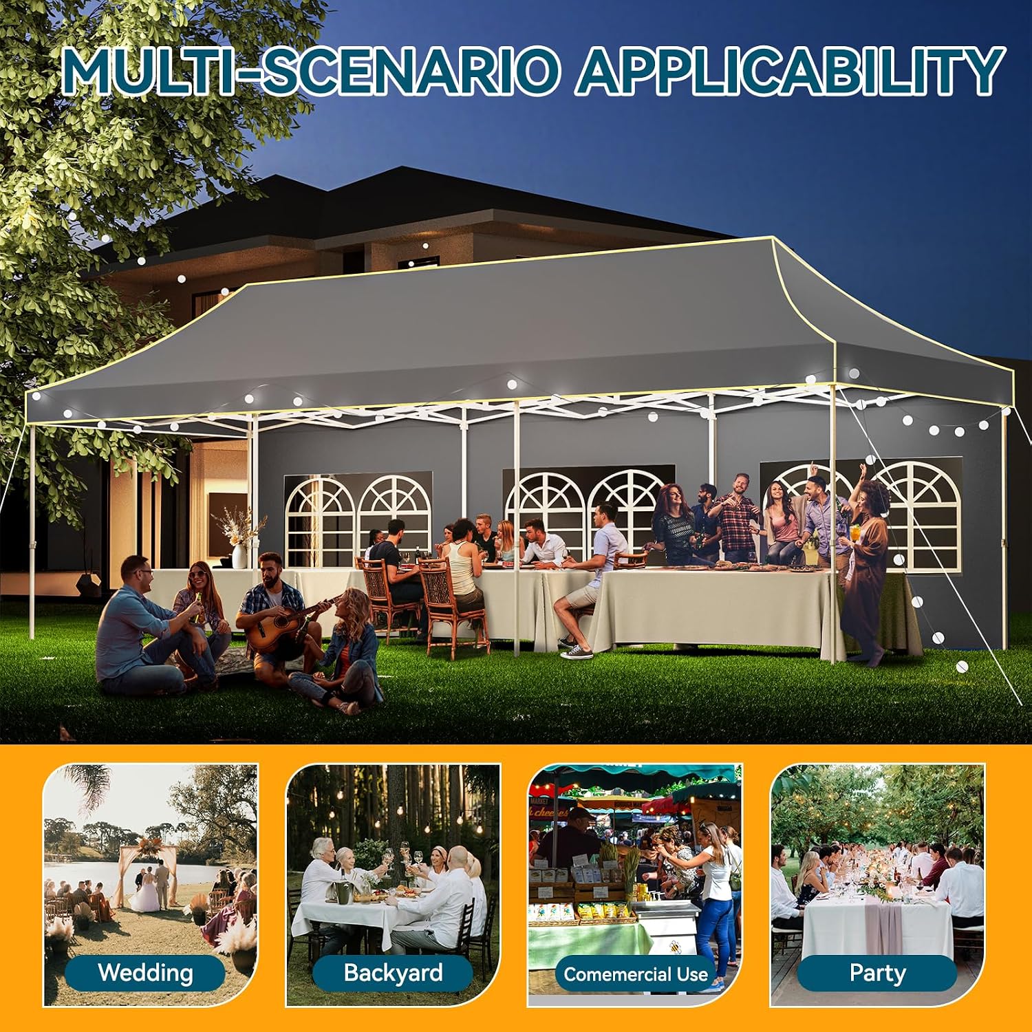 Hoteel 10x30 Pop Up Canopy Tent Heavy Duty with 5 Sidewalls, Waterproof Party Tent, Easy Set-up Commercial Instant Tents with Roller Bag & Sandbags, Hexagonal Leg (1-Year Warranty)
