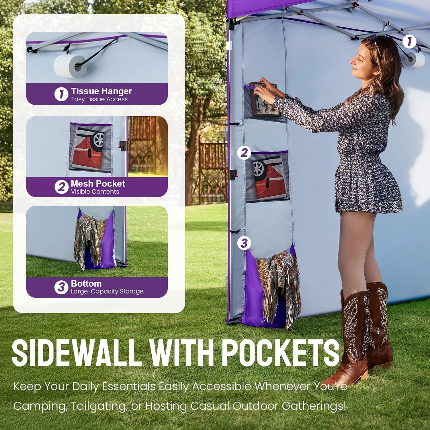 CROWN SHADES Canopy Tent 10x10 Pop Up Canopy Outdoor Shade with Pockets Sidewall, Easy Up Sun Shelter with One Person Set Up Center Lock, Portable Instant Camping Beach Canopy Tents, Purple