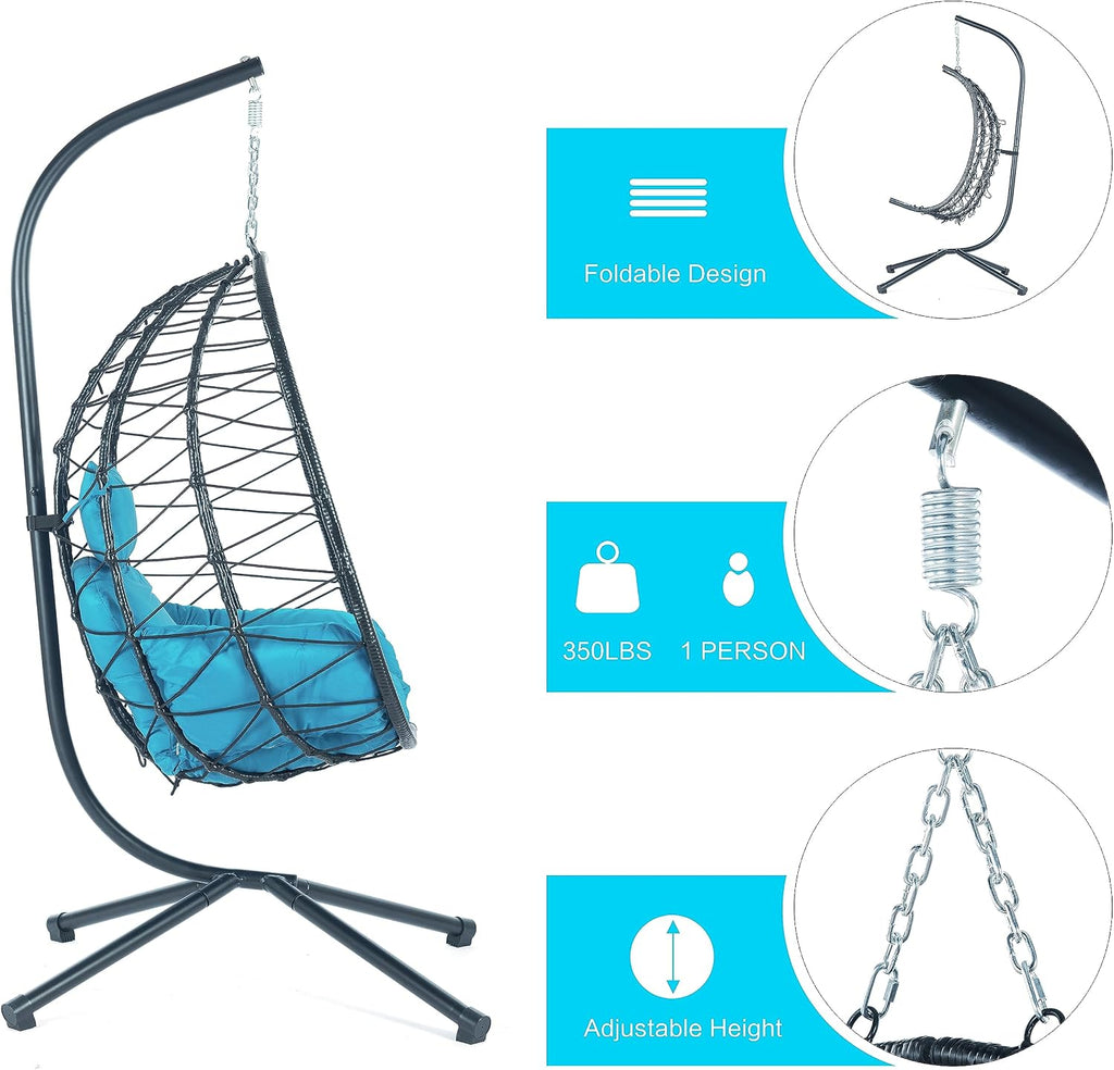 ZSQ Hanging Egg Chair with Stand, Indoor Outdoor Wicker Patio Swing Chair, All-Weather with Cushion (Light Blue)