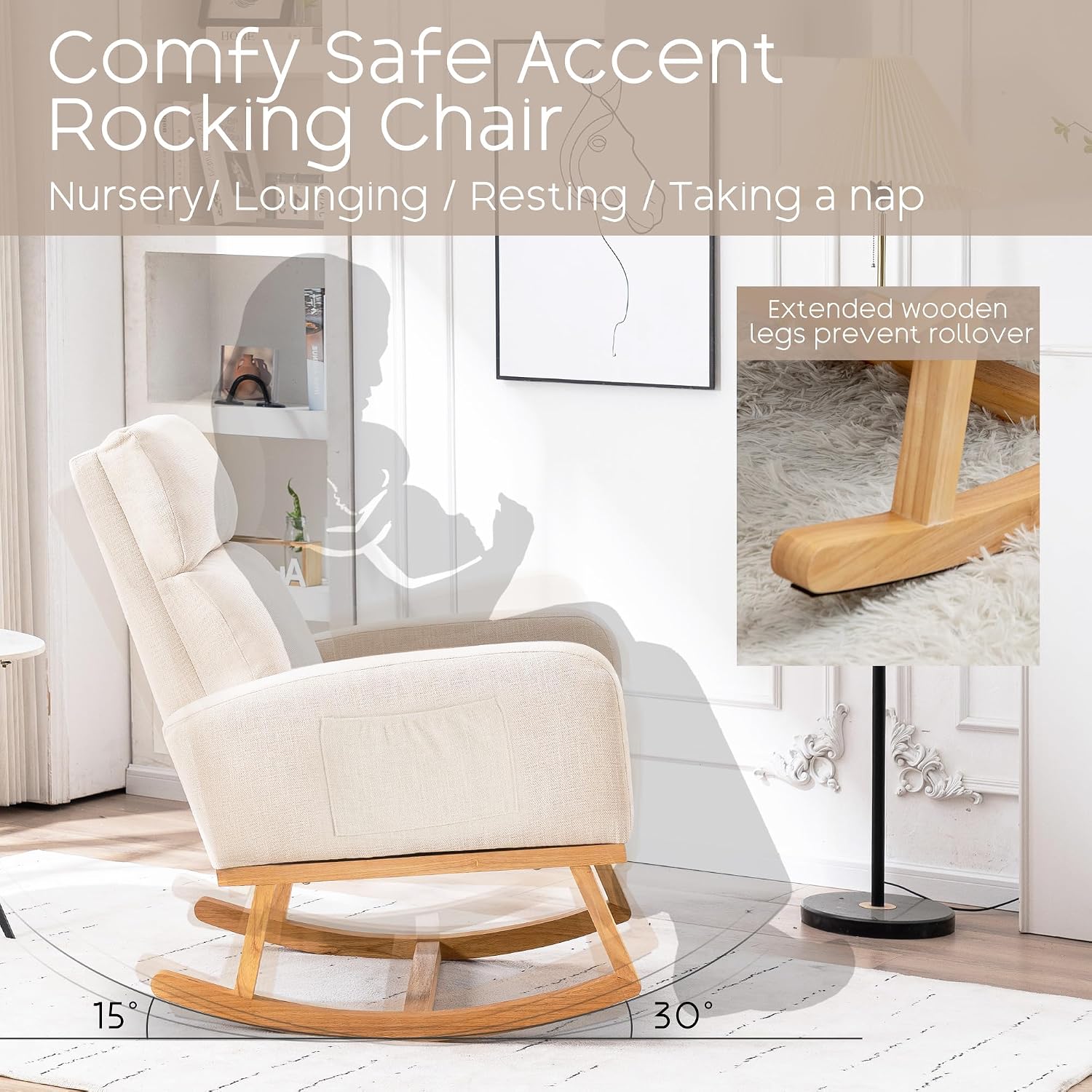 Rocking Chair Nursery - Glider Modern Accent Chairs Upholstered Linen Nursing Rocker Padded Armchair for Indoor Living Room Bedroom Beige