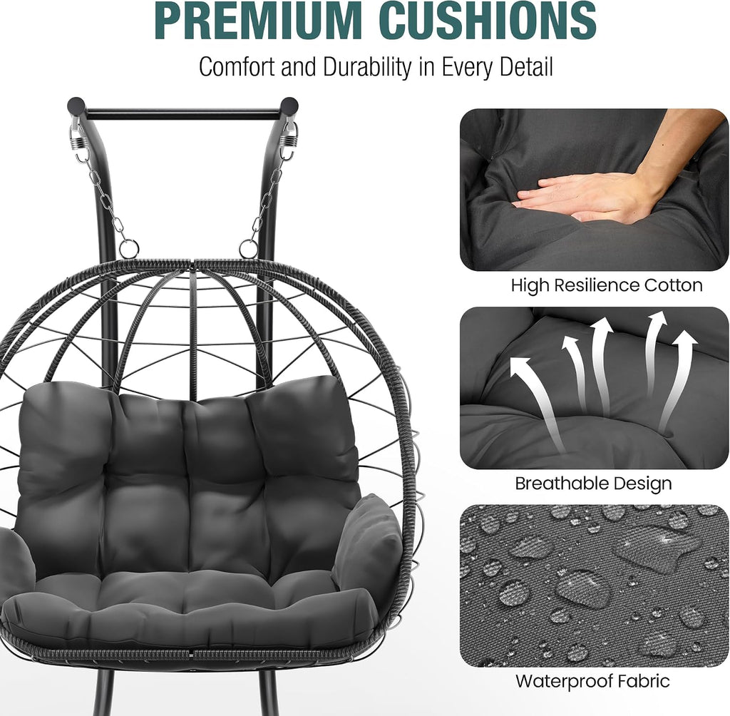 Pamapic Double Egg Chair wth Stand, 700 LBS Loveseat Rattan Swing Chair, UV Resistant Cushions with Armrests and Headrest, Thick Steel Frame Hammock Swing for Outdoor, Patio, Indoor(Grey)
