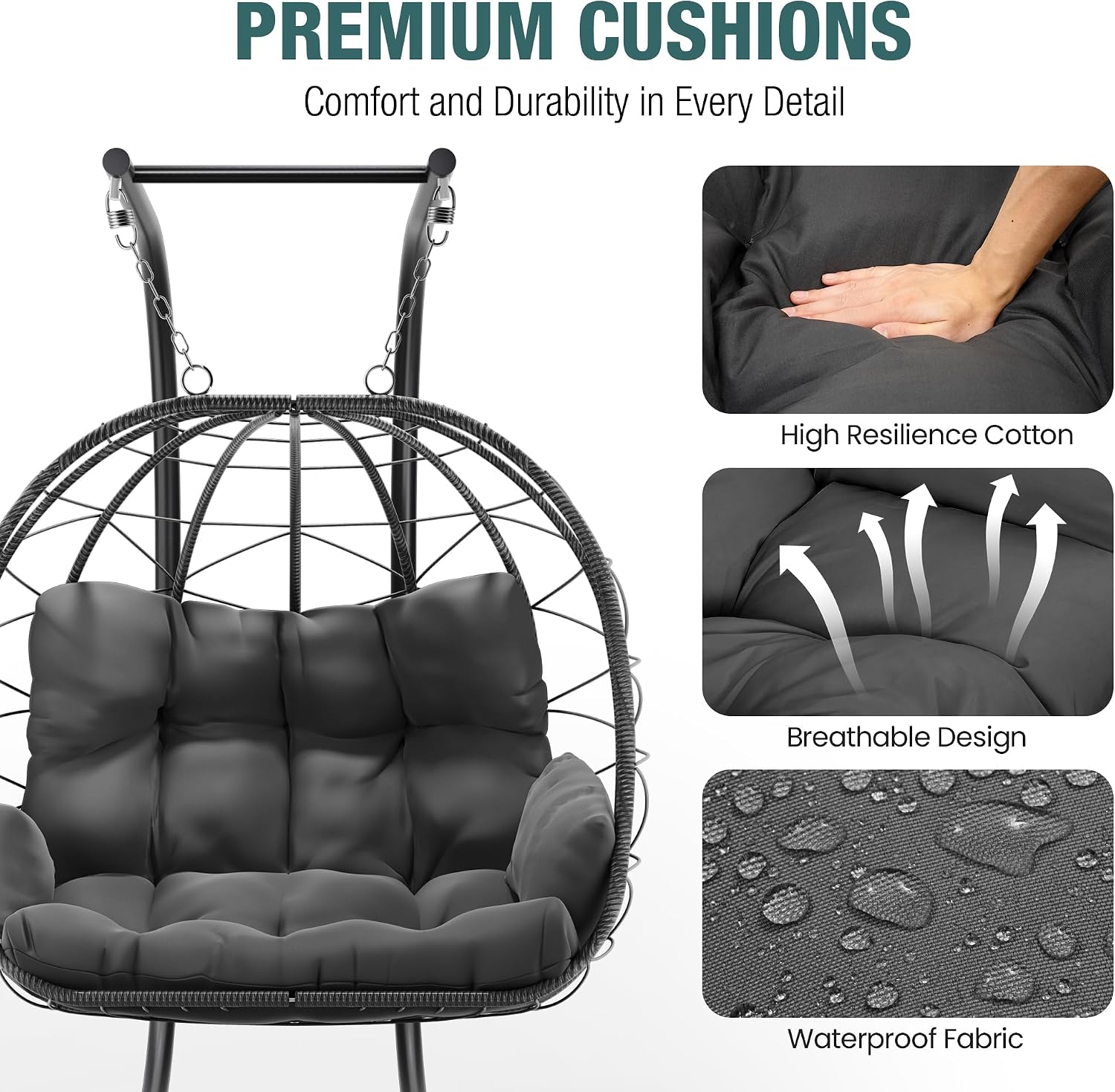 Pamapic Double Egg Chair wth Stand, 700 LBS Loveseat Rattan Swing Chair, UV Resistant Cushions with Armrests and Headrest, Thick Steel Frame Hammock Swing for Outdoor, Patio, Indoor(Grey)