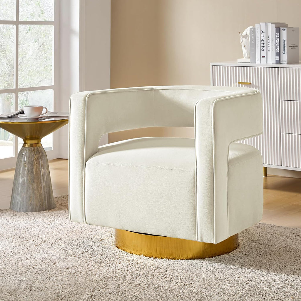 TINA'S HOME Swivel Accent Barrel Chair, Modern Velvet Armchair with 3D Curved Open Back & Swivel Gold Metal Base, Upholstered Club Chair for Living Room Bedroom Nursery, Ivory(No Assembly Required)