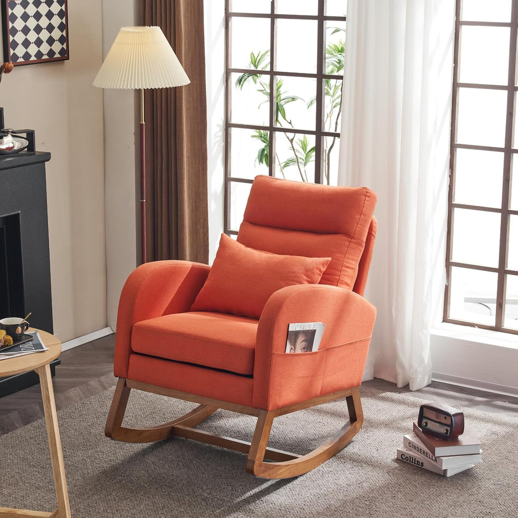 VINGLI Orange Linen Rocking Chair Nursery with Thick Headrest, Upholstered Mid-Century Modern Nursing Rocker Glider with Curved Armrest, Sturdy Solid Wood Base for Living Room, Bedroom, Baby Room