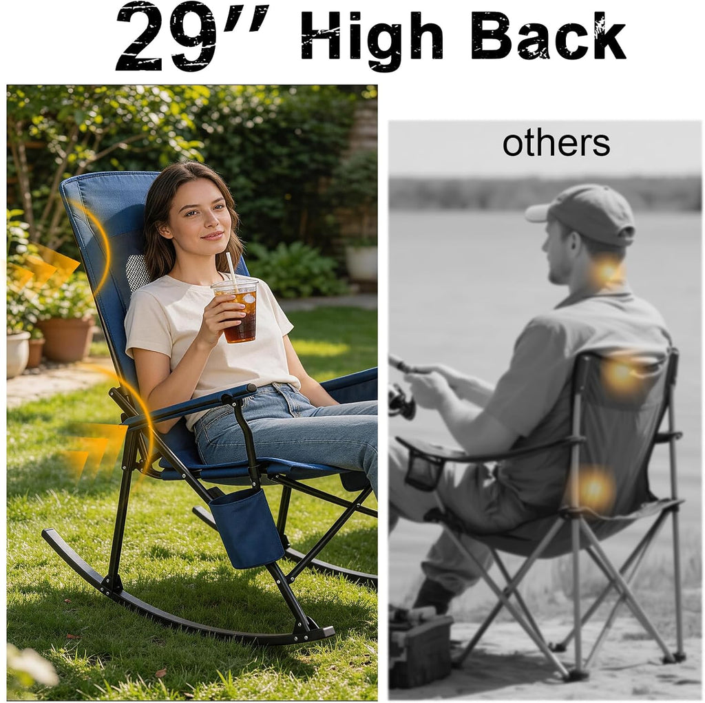 Romswi 2 Pack Rocking Camping Chair for Adult 400LBS Capacity, Heavy Duty Folding Rocking Chairs, Portable Outdoor Rocker with High Back & Hard Armrests for Camping, Beach, Patio, Backyard, Mesh Blue