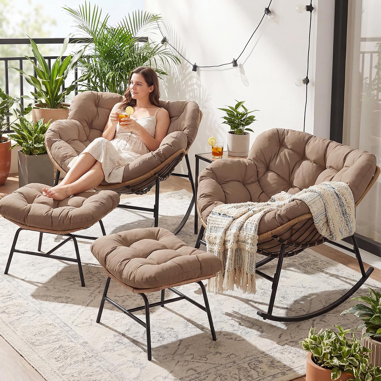 FINCATI Patio Papasan Rocking Chair with Ottoman Set of 2, Outdoor Indoor Egg Chair with Footrests and Cushion, 450 lbs Heavy Duty Comfy Rattan Rocker for Balcony Backyard Bedroom Lawn Brown