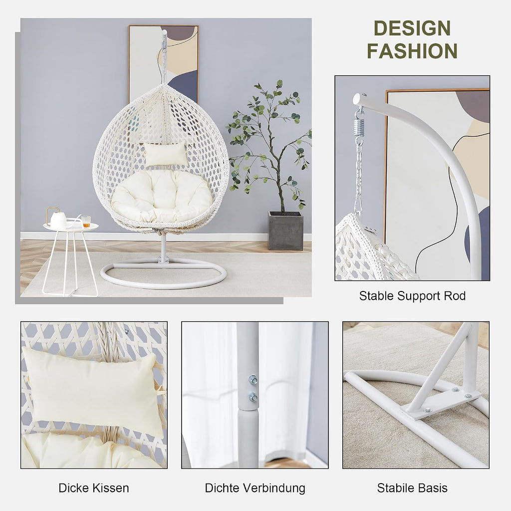 Egg Swing Chair Outdoor Indoor, Hanging Egg Chair with Stand, White Wicker Swing Chair,UV Resistant Cushion 300 LBS Capacity for Porch,Patio,Garden, Bedroom, Balcony,Yard