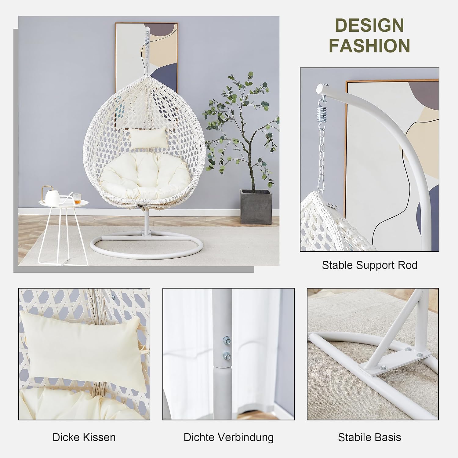Egg Swing Chair Outdoor Indoor, Hanging Egg Chair with Stand, White Wicker Swing Chair,UV Resistant Cushion 300 LBS Capacity for Porch,Patio,Garden, Bedroom, Balcony,Yard