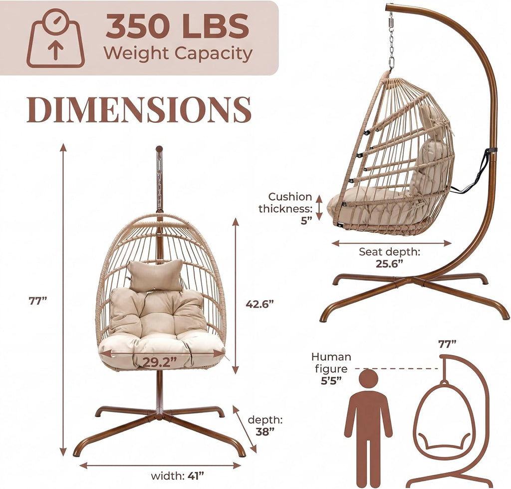NICESOUL Egg Chair with Stand Indoor Outdoor, All-Weather Hanging Hammock Chairs with Cushion, 350Lbs Durable Wicker Egg Shell Swing Chair for Bedroom, Living Room, Balcony or Porch, Cream with Cover