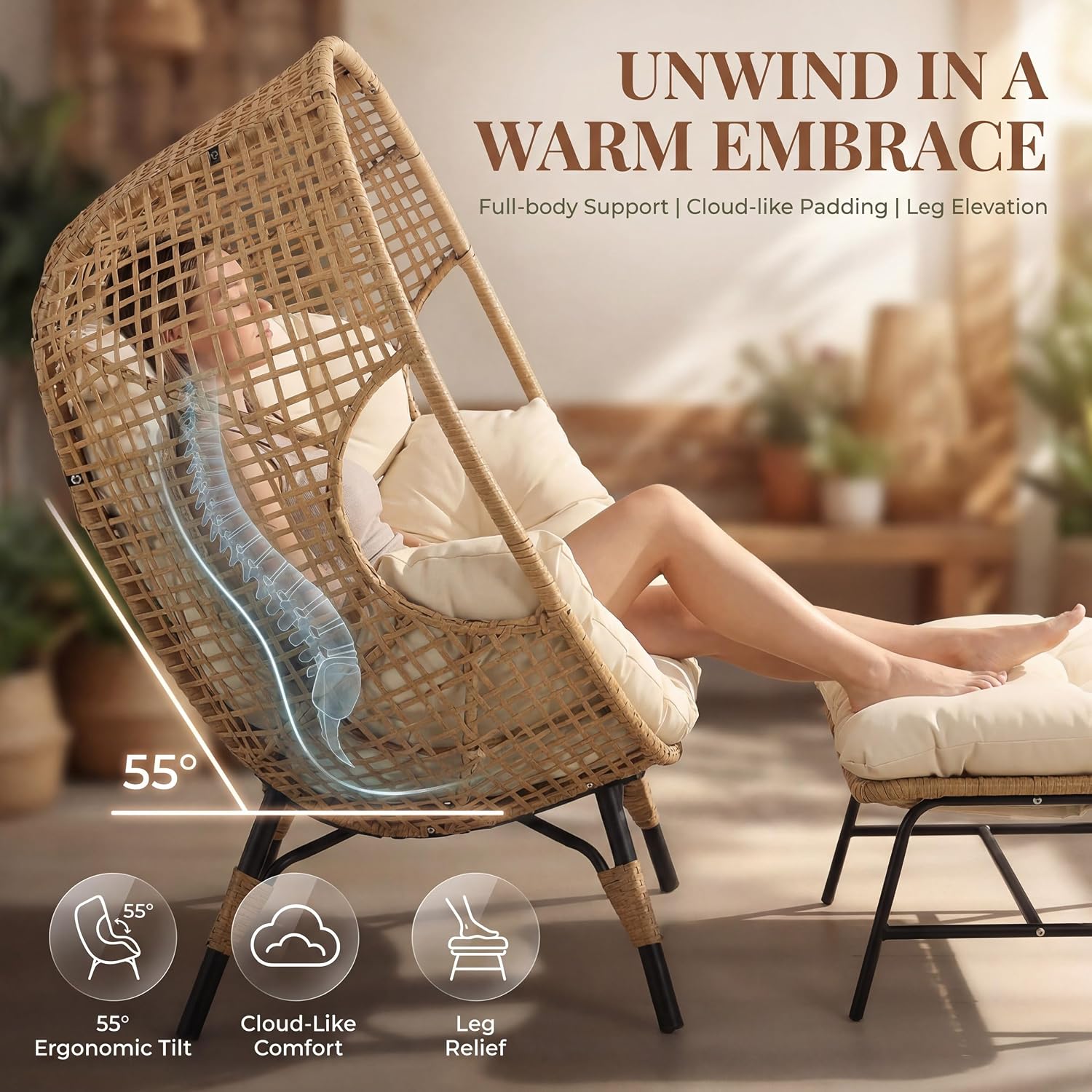 NICESOUL 2 Person Oversized Indoor Outdoor Egg Chair with Ottoman, Wicker Patio Deep Egg Seat with Beige Thick Cushion & Foot Rest, Large Stationary Lounge Chair for Balcony Bedroom, 2 Sets w/Cover