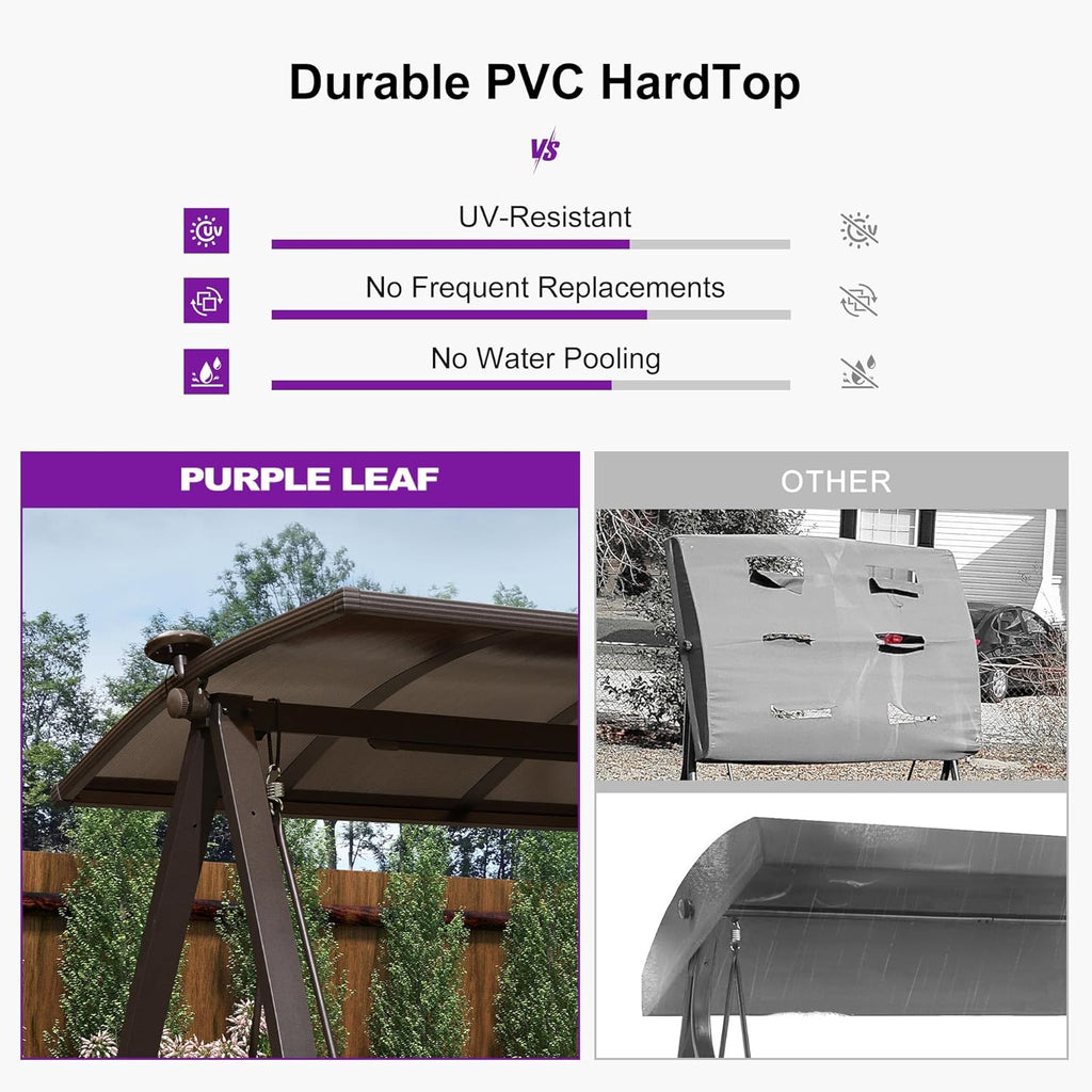PURPLE LEAF 2-Seat Porch Swing with Adjustable PVC Canopy Metal Patio Bench Glider Swing Bed Outdoor Swing Chair with Stand and Side Cup Holder for Outside Garden Porch, Cushion and Pillows Included