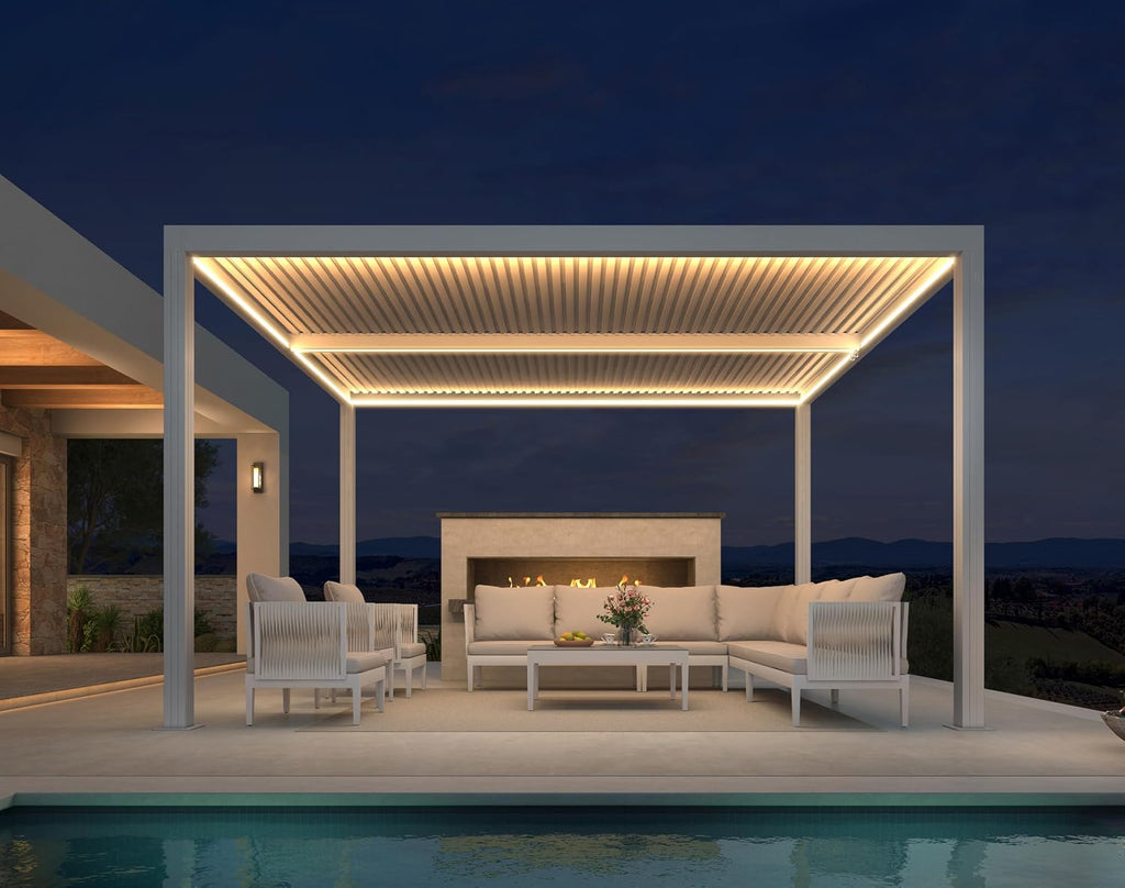 PURPLE LEAF Outdoor Louvered Pergola 11' x 13' with Light Belt White Aluminum Gazebo Pergola with 2 Independently Adjustable Rainproof Hardtop for Patio Garden Yard