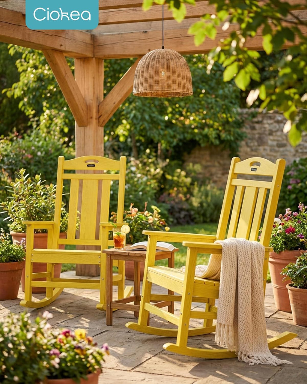 Ciokea Oversized Outdoor Rocking Chair, 380lbs Heavy-Duty Large Patio Rocker, Weather Resistant & Anti-Fade Porch Chair, High Back Cozy Rocking Chair for Outside, Fire Pit, Deck, Garden, Citron Yellow
