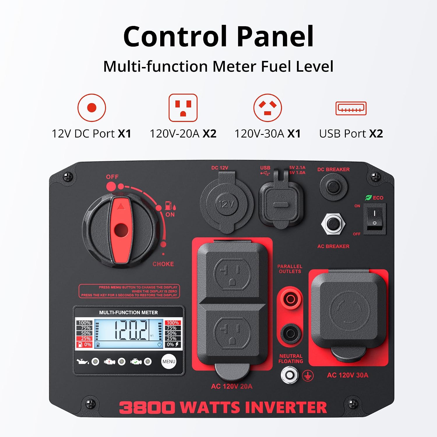 AMERISUN 3800W Gas Powered Portable Inverter Generator, Gas Generator with CO Sensor ECO Mode Digital Display, Parallel Capable EPA Compliant Long Runtime for Camping Tailgating Home Quiet Lightweight