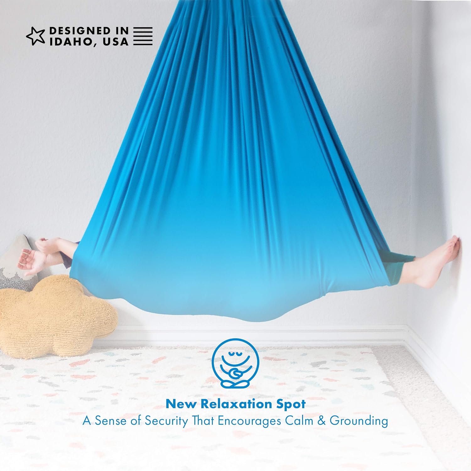 Harkla Sensory Swing for Kids & Adults - Holds 300lbs, Indoor Outdoor Sensory Swing for Hug Like Calming Effect - Durable Soft Stretch Fabric and Heavy Duty Hardware (Blue, 100' Swing + 5' Swivel)