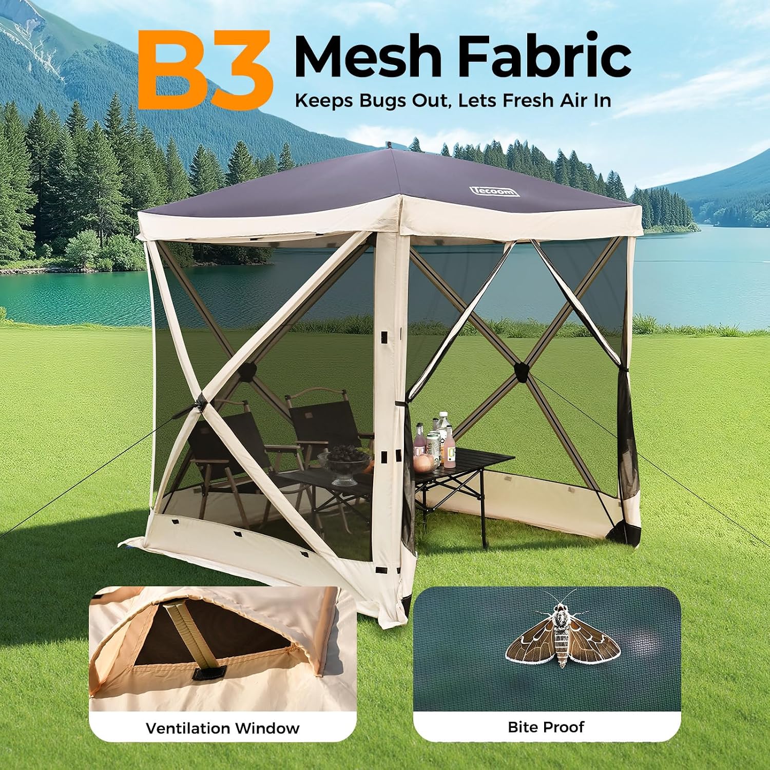 Tecoom 6x6ft 4-Sided Pop Up Gazebo Tent, Canopy Shelter Tent with Mesh Windows for Camping, Portable Shade Tents with Siedwalls, Carrying Bag and Stakes for Outdoor, Garden, Lawn, and Backyard