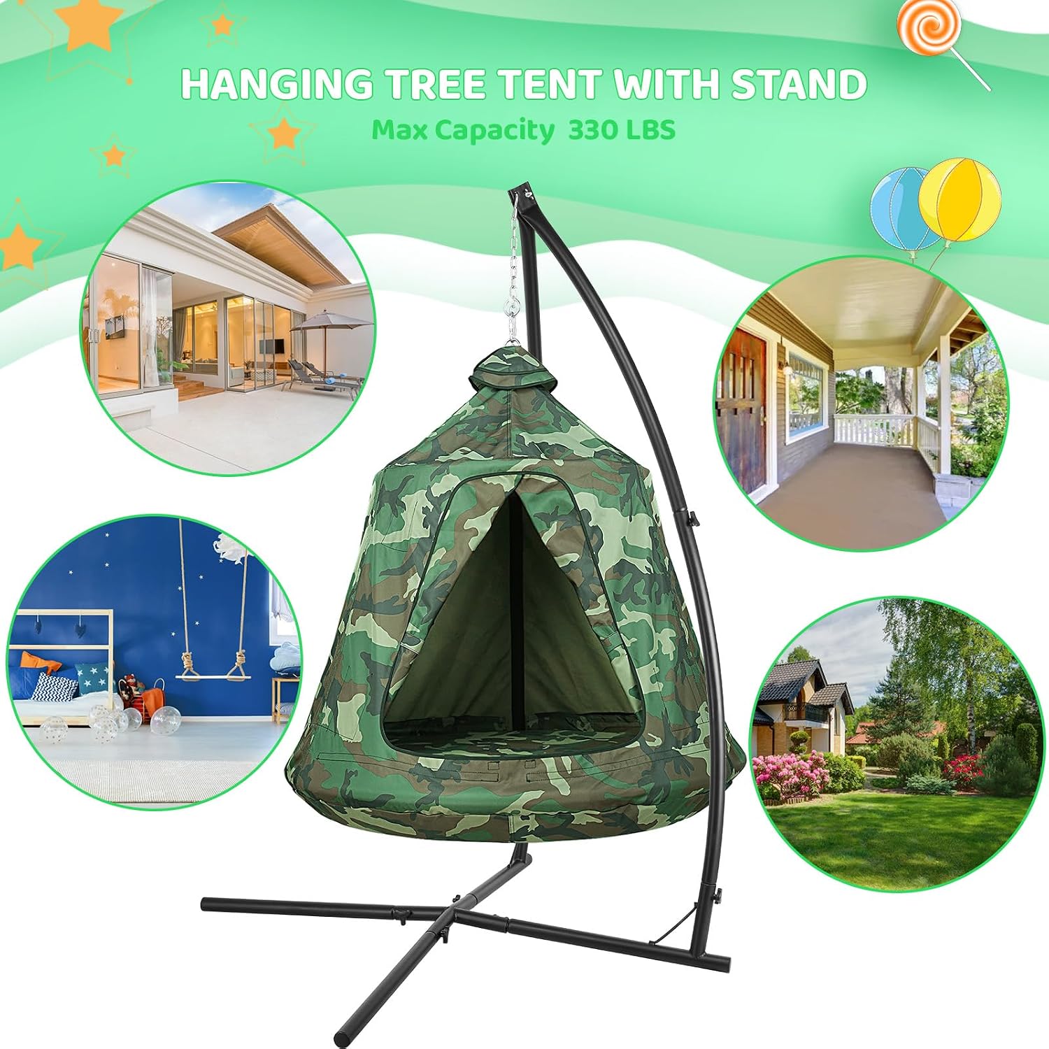 Arlopu Hanging Hammock w/Tree Tent, Indoor Metal Swing Chair w/Play Tent, Outdoor Egg Basket Patio Seat w/Adjustable Solid Stand (Camouflage)