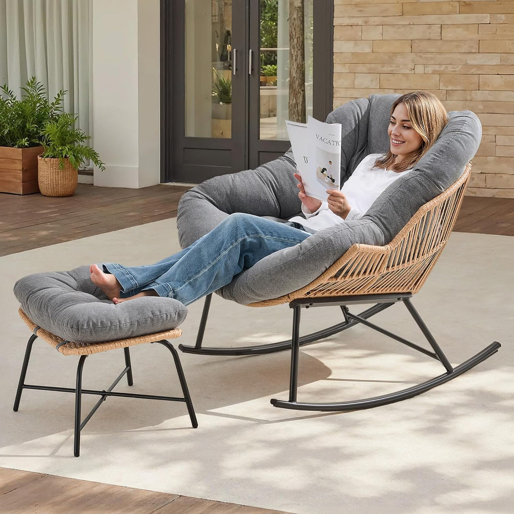 ONBRILL Papasan Rocking Chair with Ottoman,Oversized Papasan Chair with Padded Cushion, Indoor & Outdoor Rocker Chair for Living Room, Patio, Garden, Gray